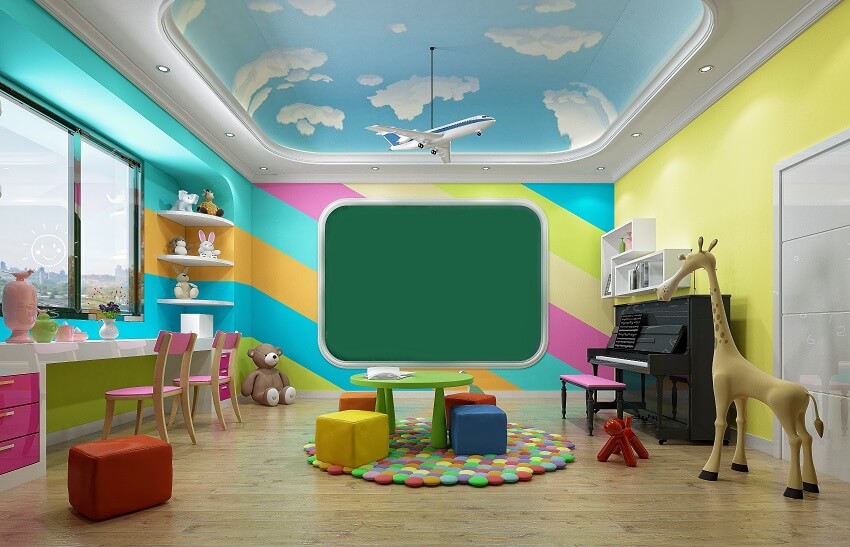 Playroom with colorful walls, wood floors, mounted table, and tray ceiling with sky and cloud art