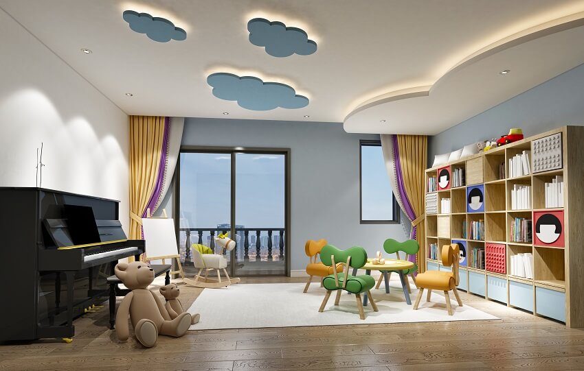 Playroom with cubby storage, wood floors, a piano, and decorative clouds with LED lights 