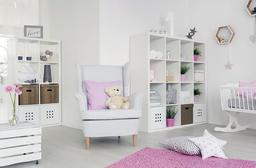 Playroom with toy storage cubbies