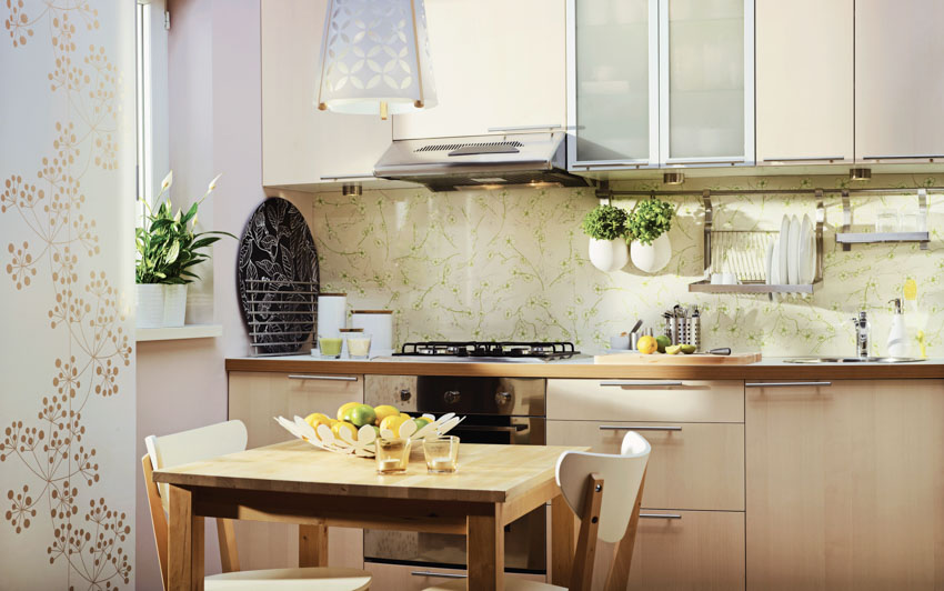 Simple kitchen with patterned wallpaper