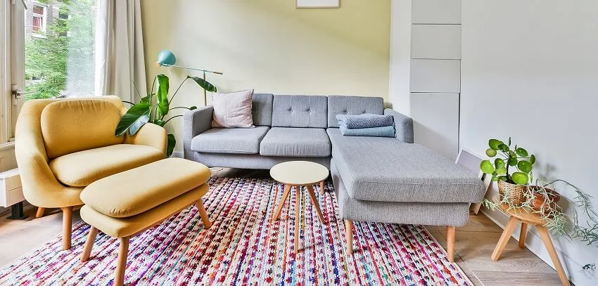 Small living room with a sofa, ottoman, coffee table, plants, and colorful carpet