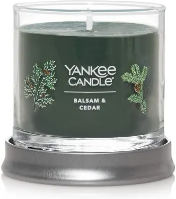 Small tumbler candle with balsam and cedar scents