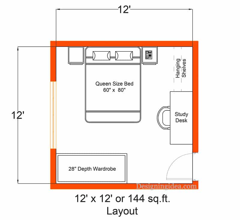 Standard bedroom size with queen bed