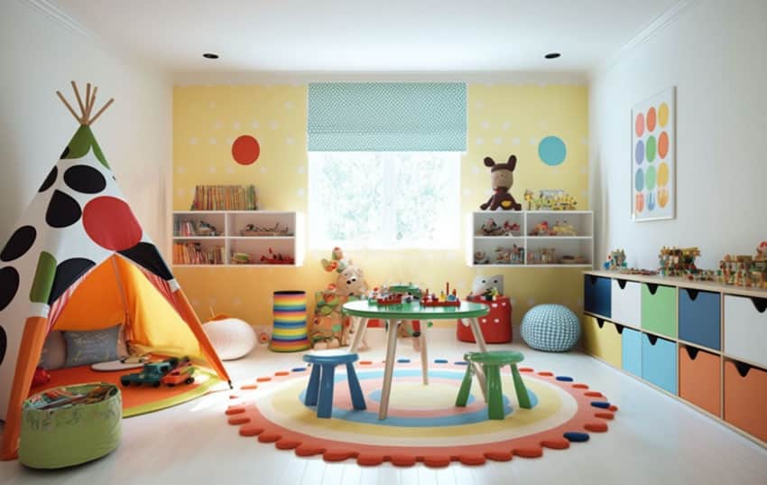 Playroom with yellow walls, large tee pee and colorful round rug