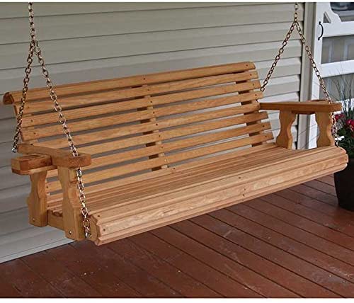 A wooden porch swing