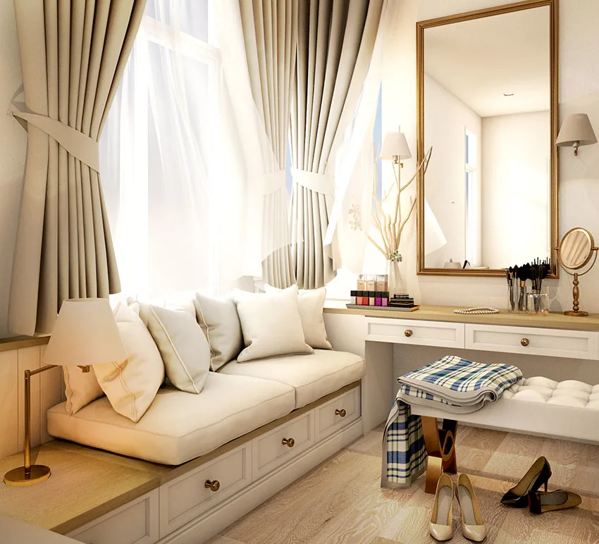 Walk in closet with dressing table window seat 