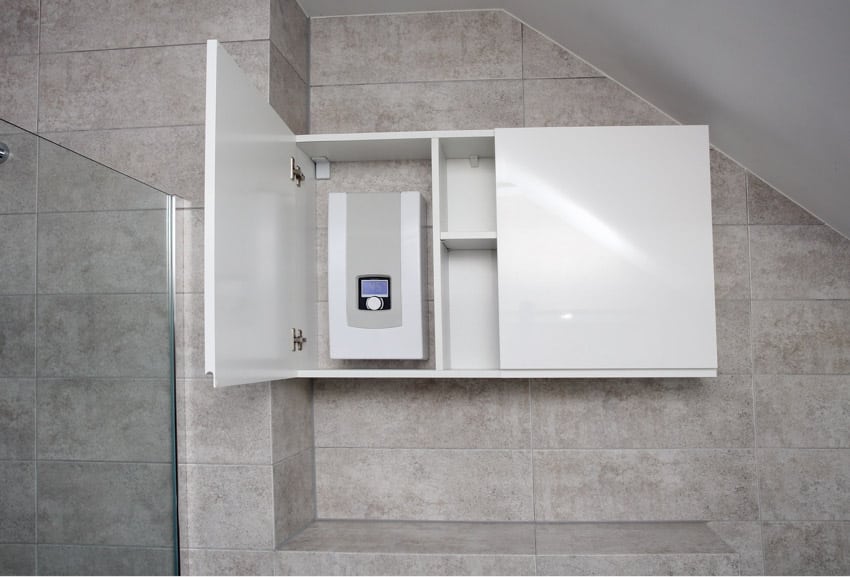 Water heater installed inside a bathroom cabinet