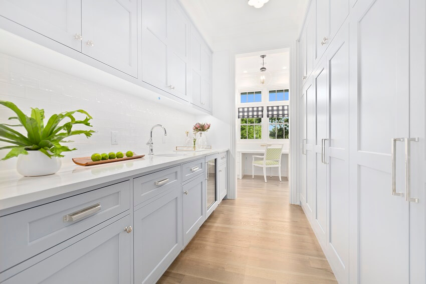 White walk in butlers pantry with wooden floors, a sink and plants on vase