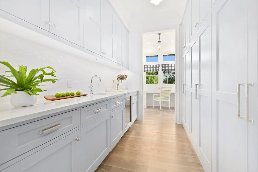 White walk in butlers pantry with wooden floors, a sink and plants on vase
