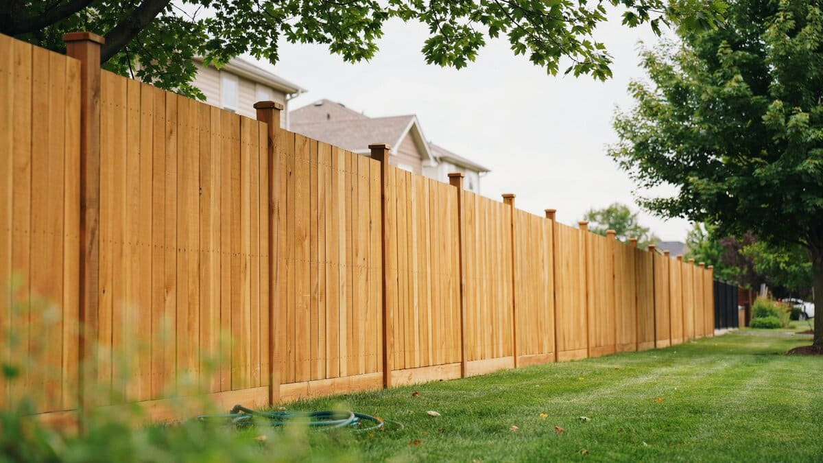 Long yellow-tinged cedar wood fence running along a residential property, simple vertical boards