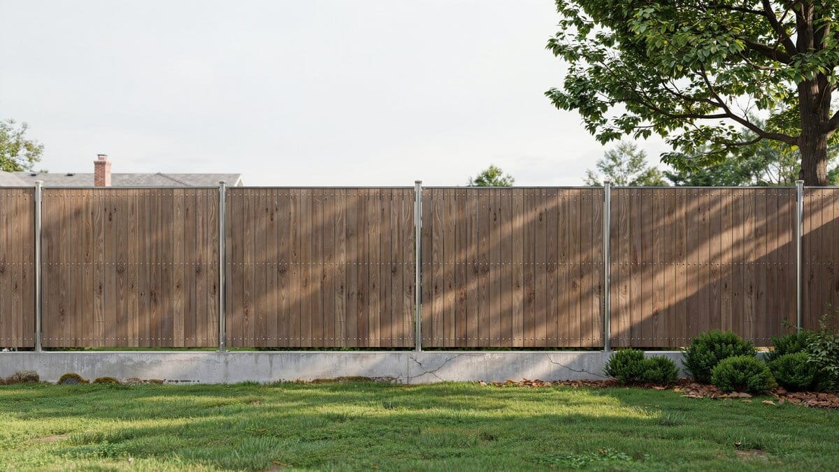 Tall elevated wood privacy fence with a concrete base along a backyard
