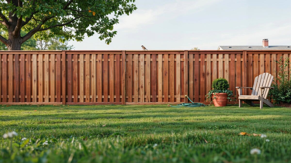Redwood shadow box fence with alternating boards around a backyard