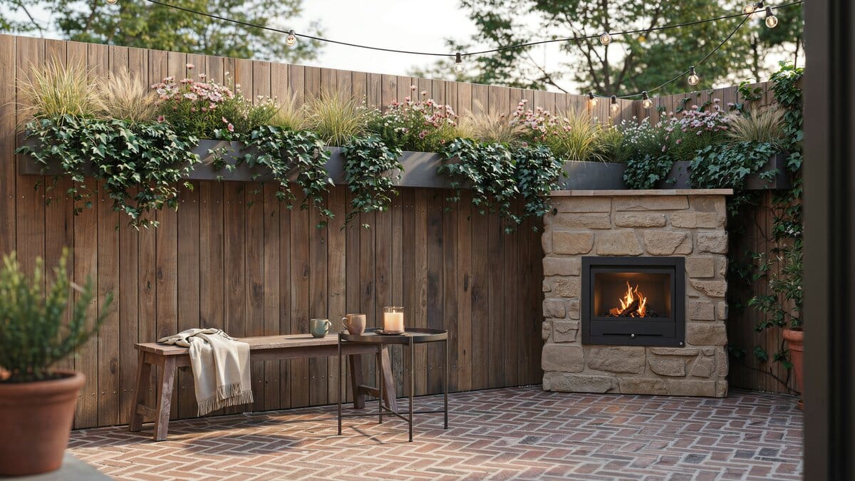 Wood fence with planter boxes on top surrounding a brick patio with an outdoor fireplace