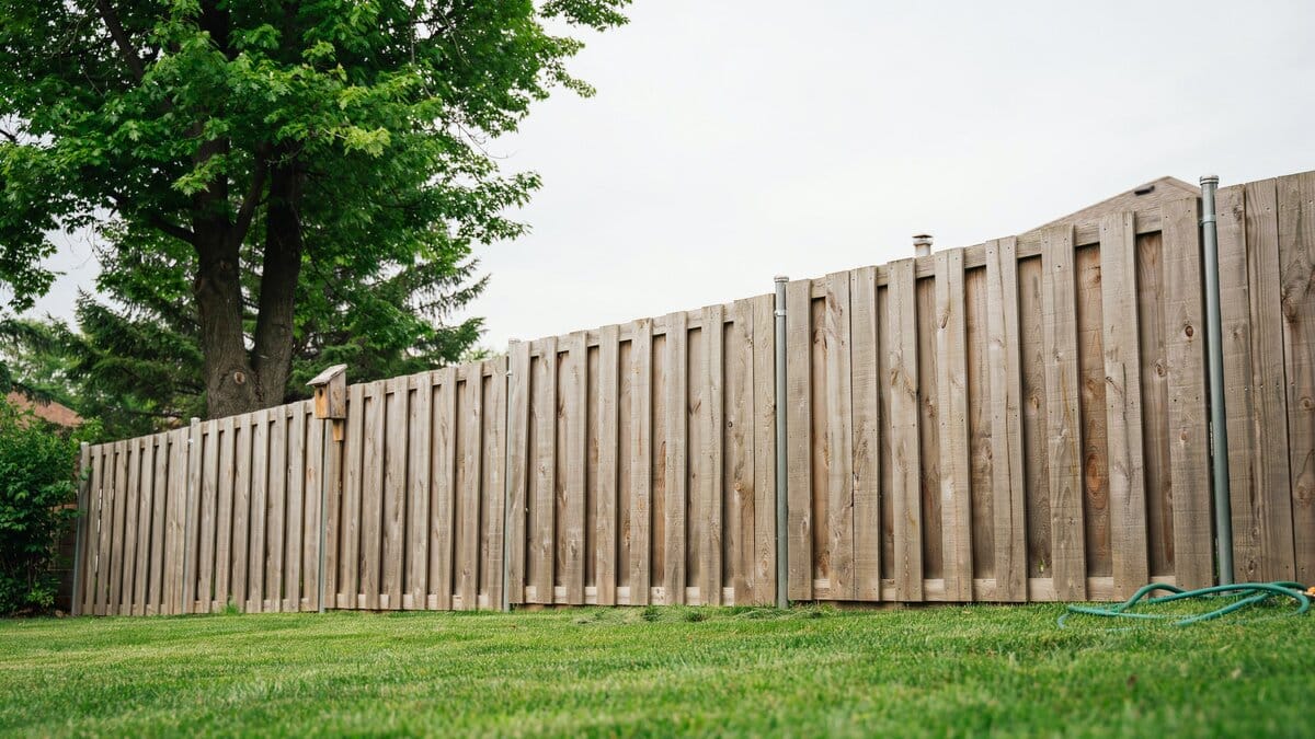 Board-on-board wood fence with overlapping vertical planks around a yard