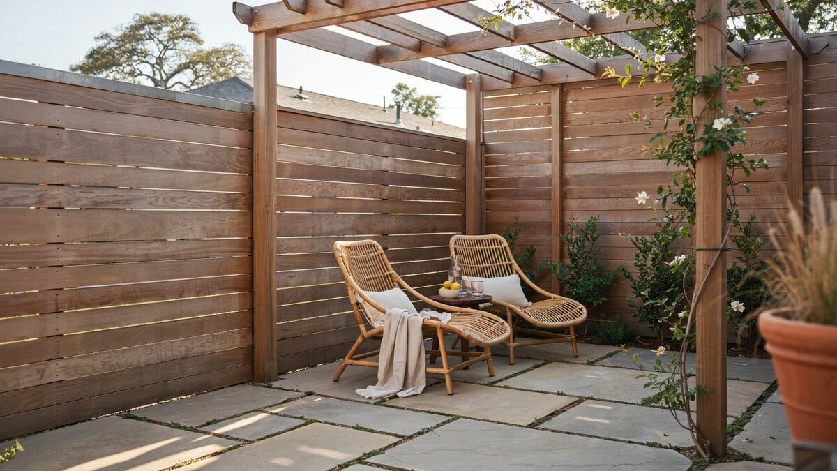 Wood garden fence connected to a matching wood pergola over a patio