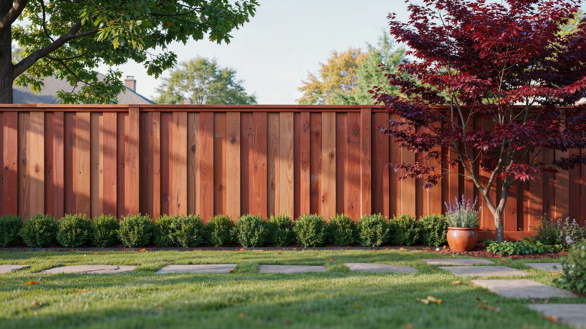 Warm red cedar wood fence in a landscaped backyard