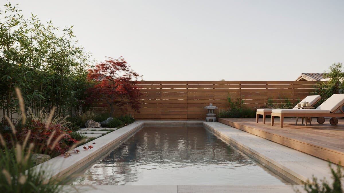 Asian-style backyard with a horizontal wood fence, lounge deck and swimming pool