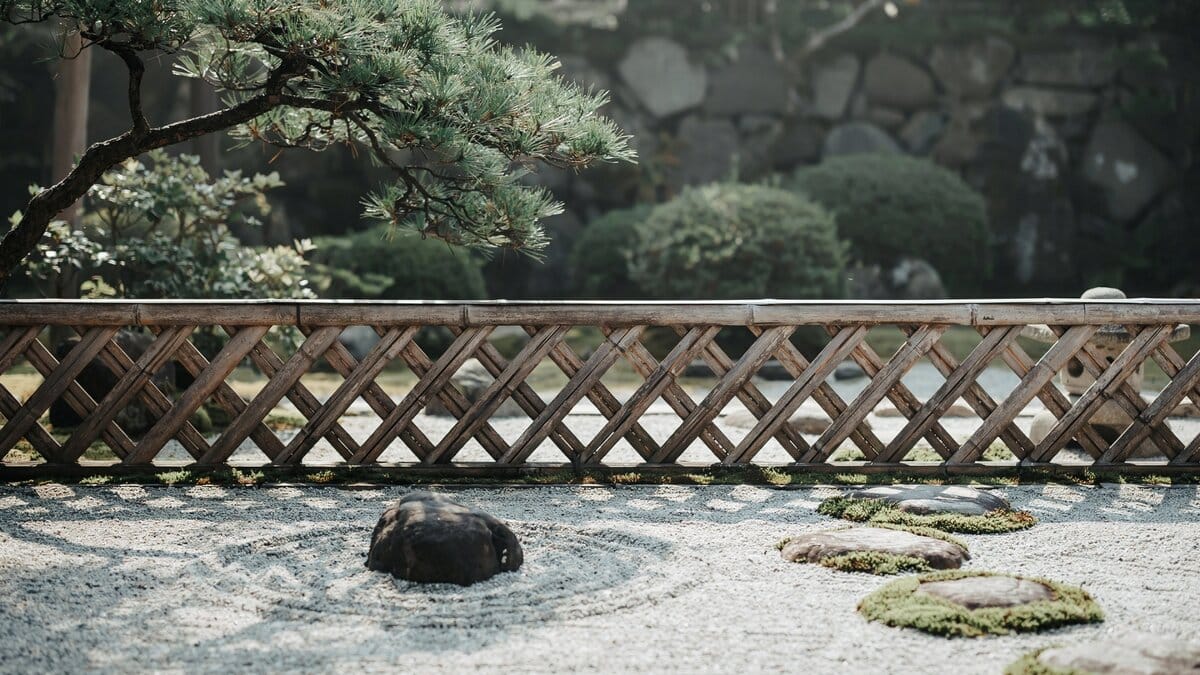 Japanese-style wood lattice border fence in a zen garden