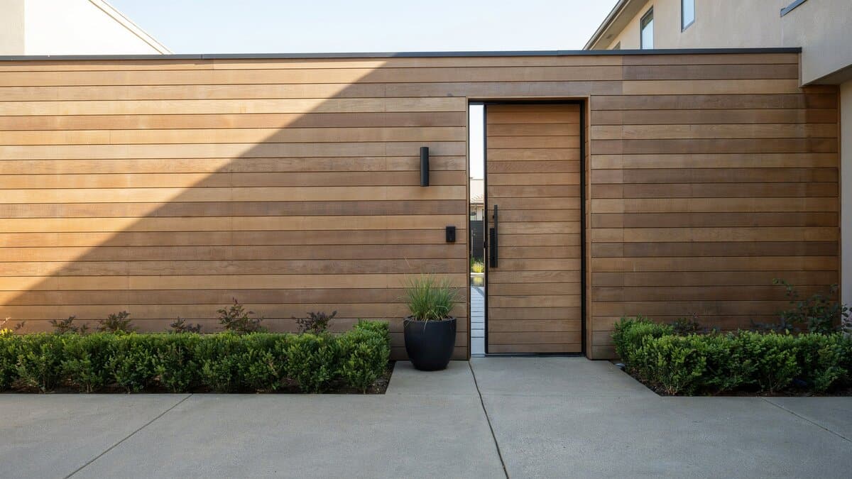 Modern horizontal wood fence with a built-in door entry to a courtyard