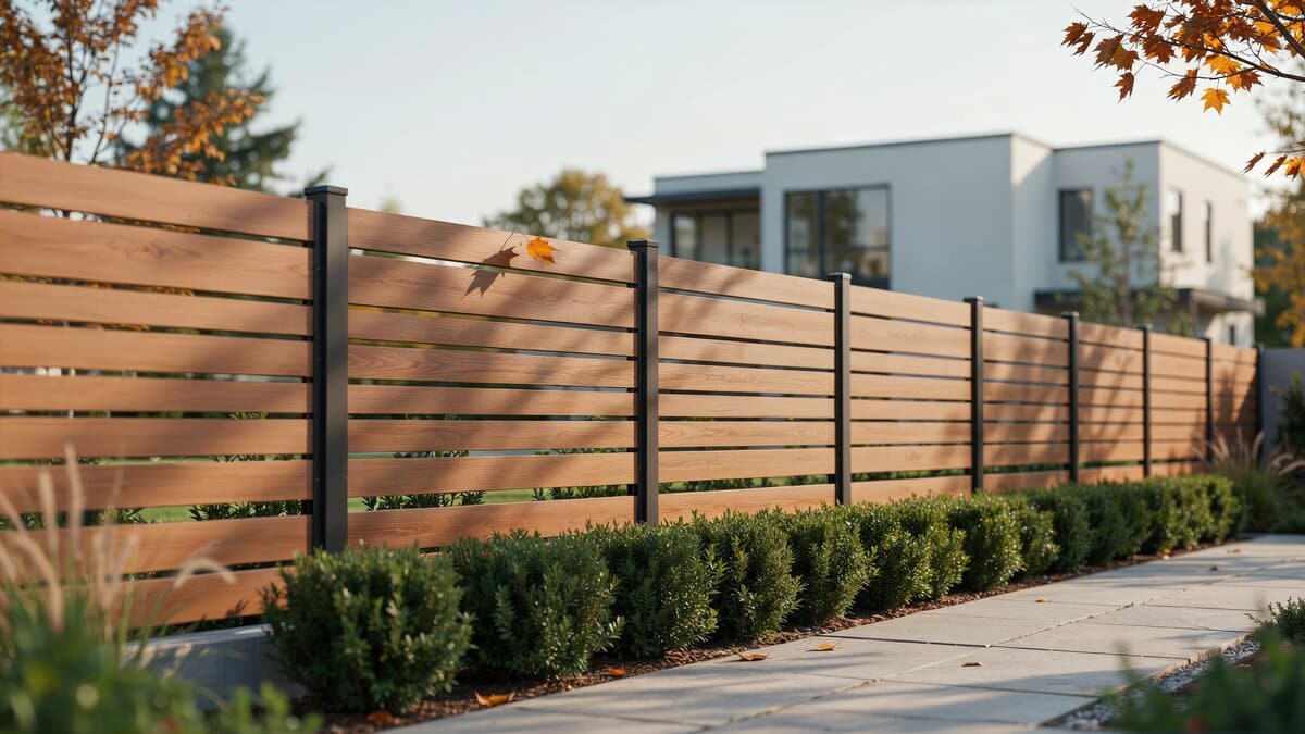 Stylish modern fence combining wood slats and black metal posts