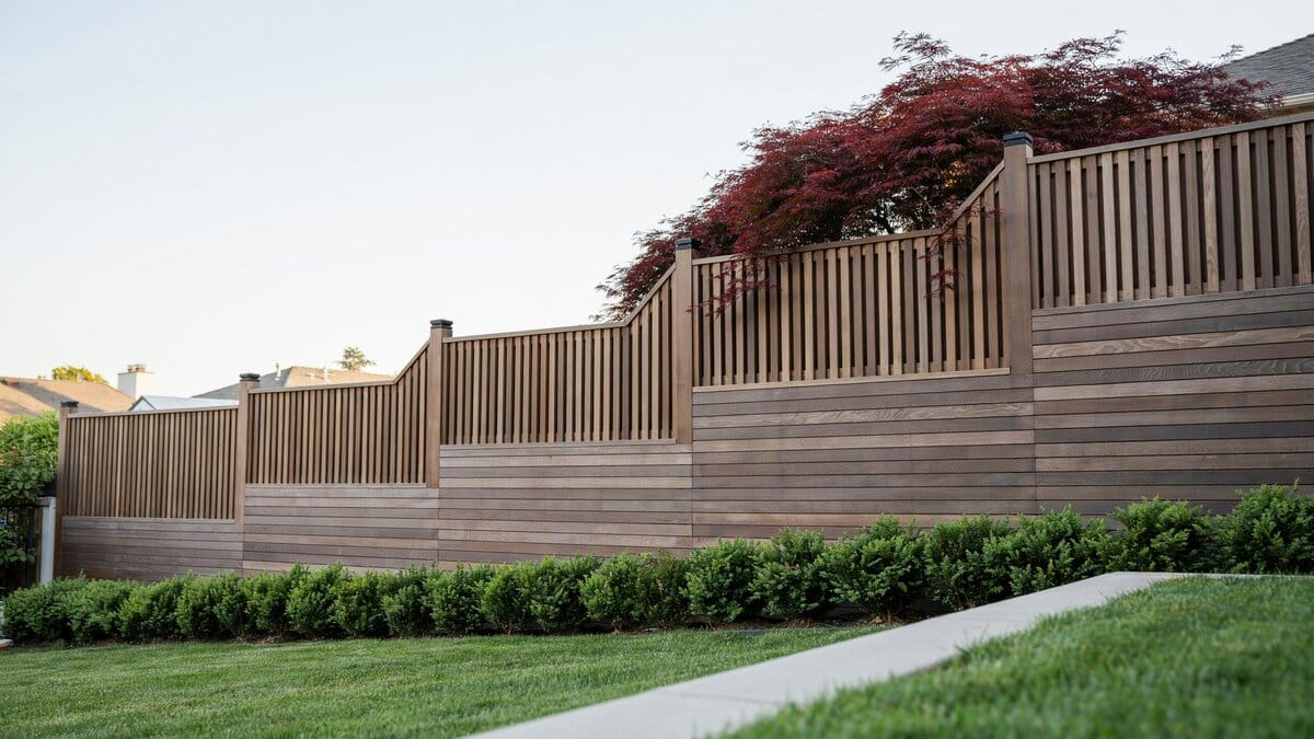 Modern designer fence mixing horizontal and vertical wood slats