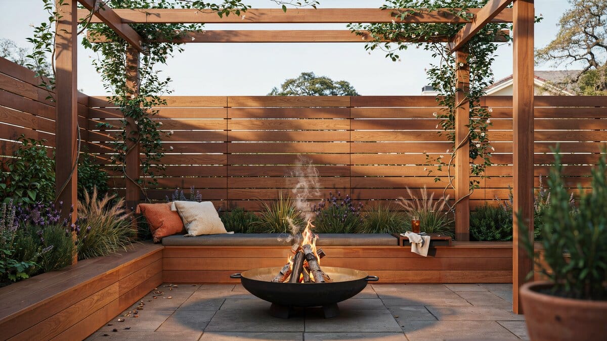 Horizontal wood fence with a wood pergola, built-in benches and a portable firepit
