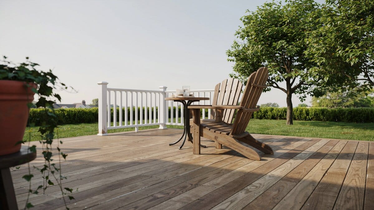 Backyard wood deck with white painted fence railings