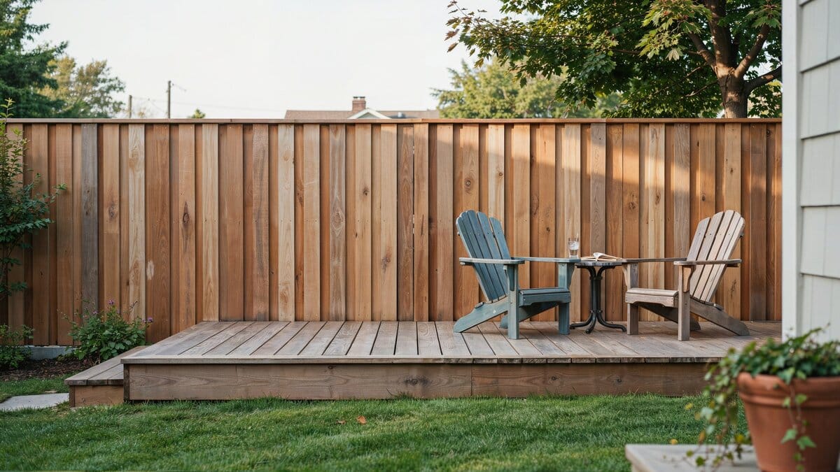 Raised backyard deck bordered by a vertical wood fence