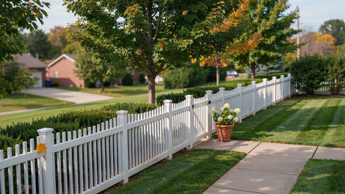 Picket fence with square posts and decorative end caps around a yard