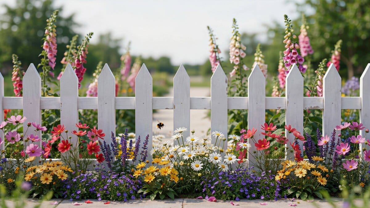 Small white decorative picket fence in a blooming flower garden