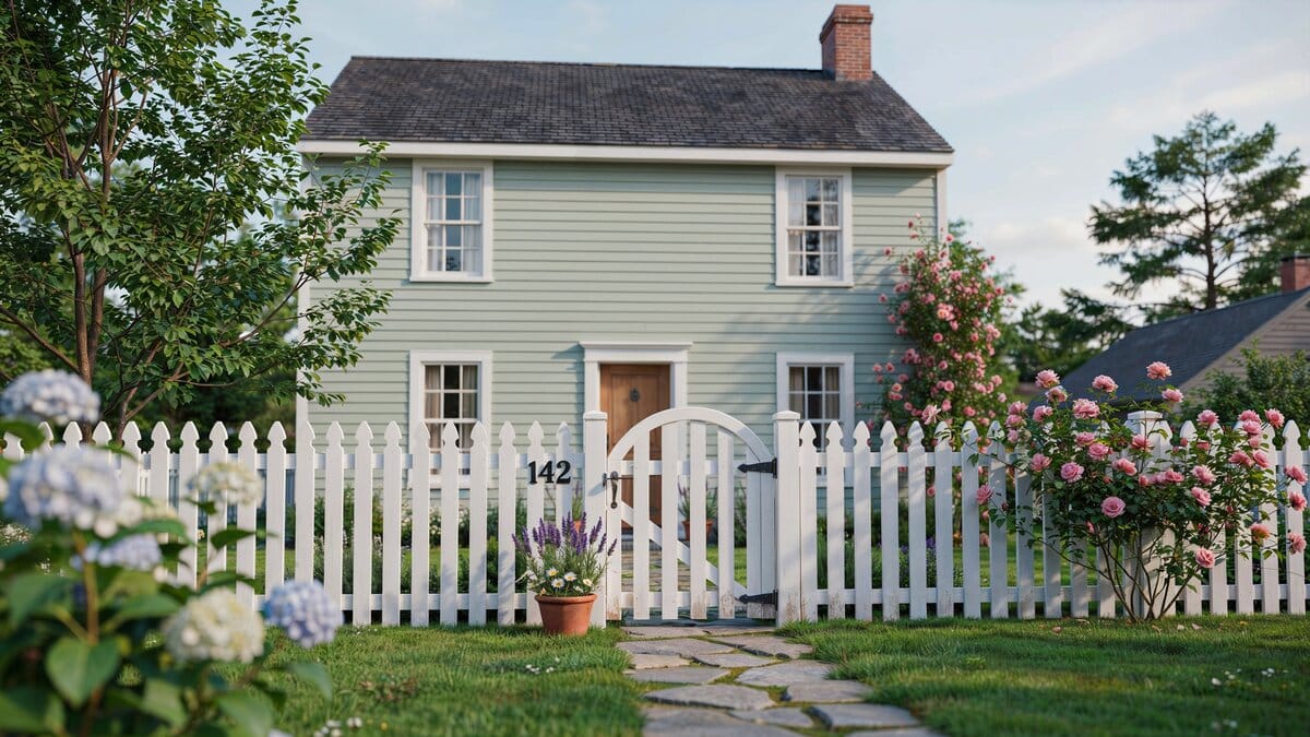 Cute white picket fence in front of a charming cottage