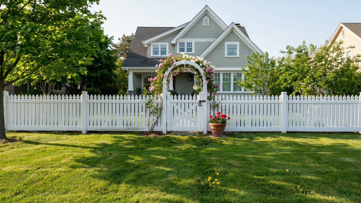 White picket fence with an arched arbor entry gate in front of a home