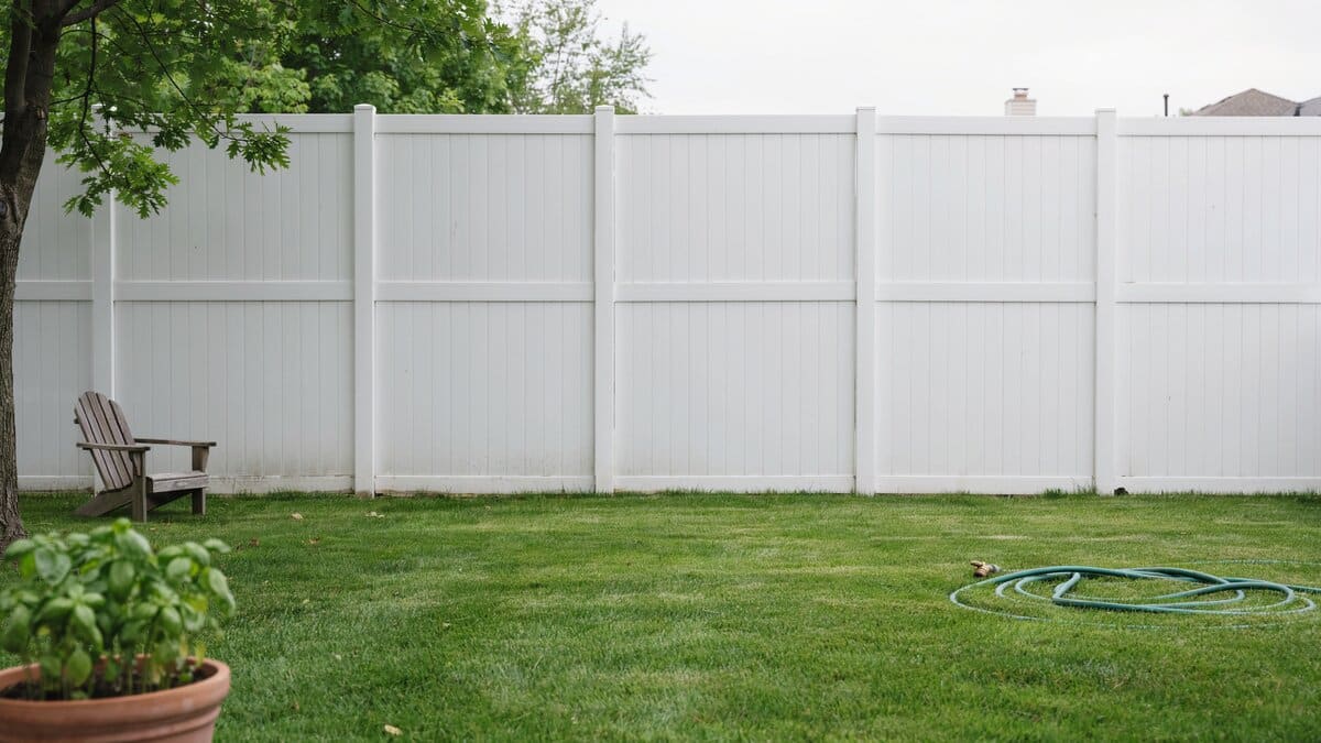 Tall white vinyl privacy fence enclosing a backyard