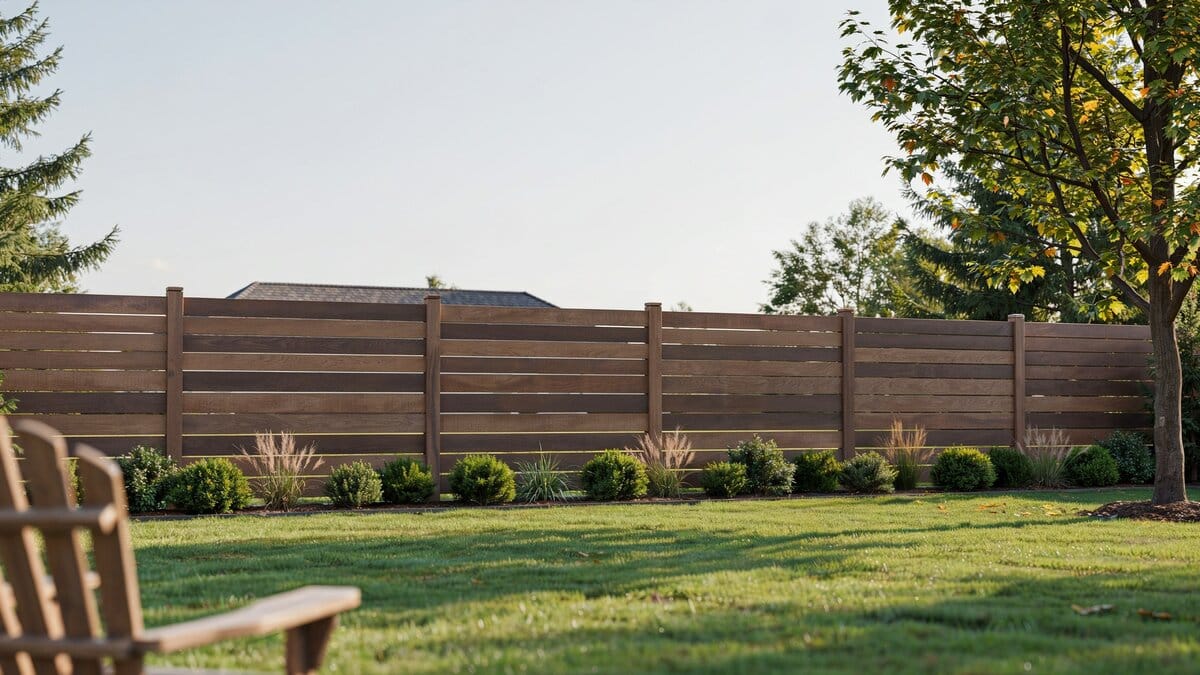 Wood privacy fence with a horizontal slat design around a yard