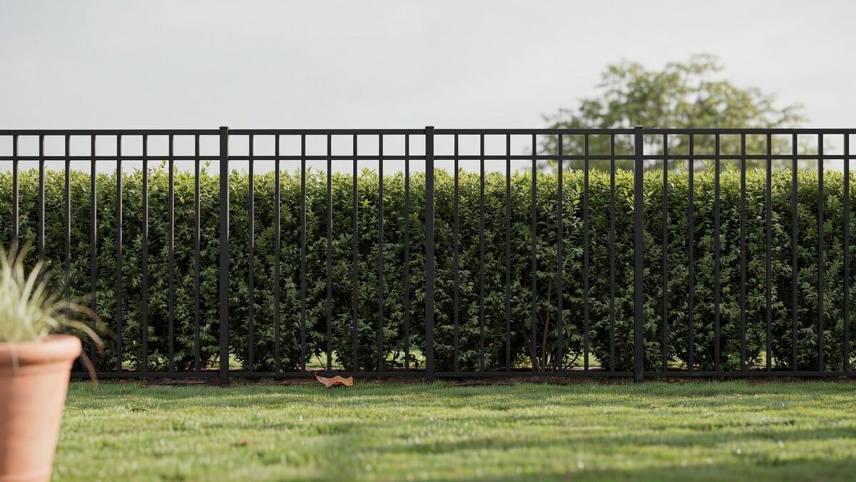 Black metal fence paired with a tall trimmed green hedge for privacy