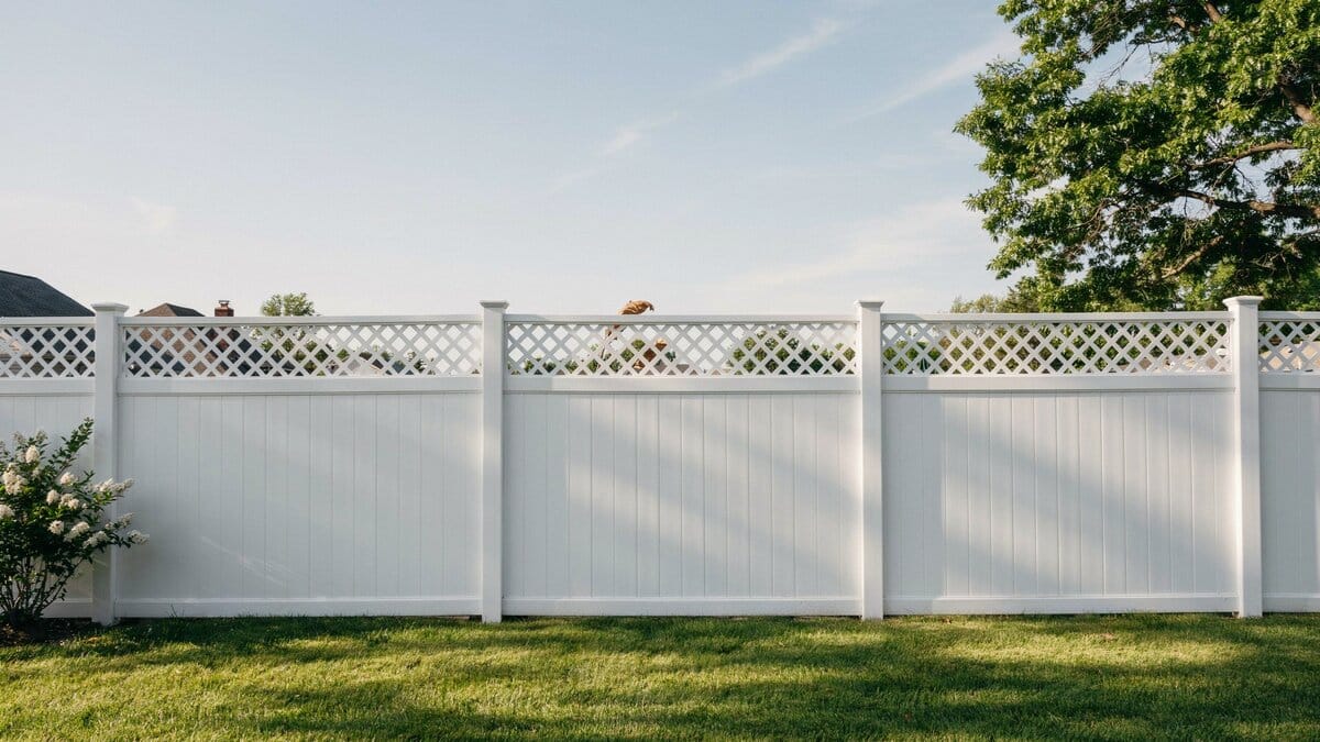 White privacy fence with a lattice panel top section