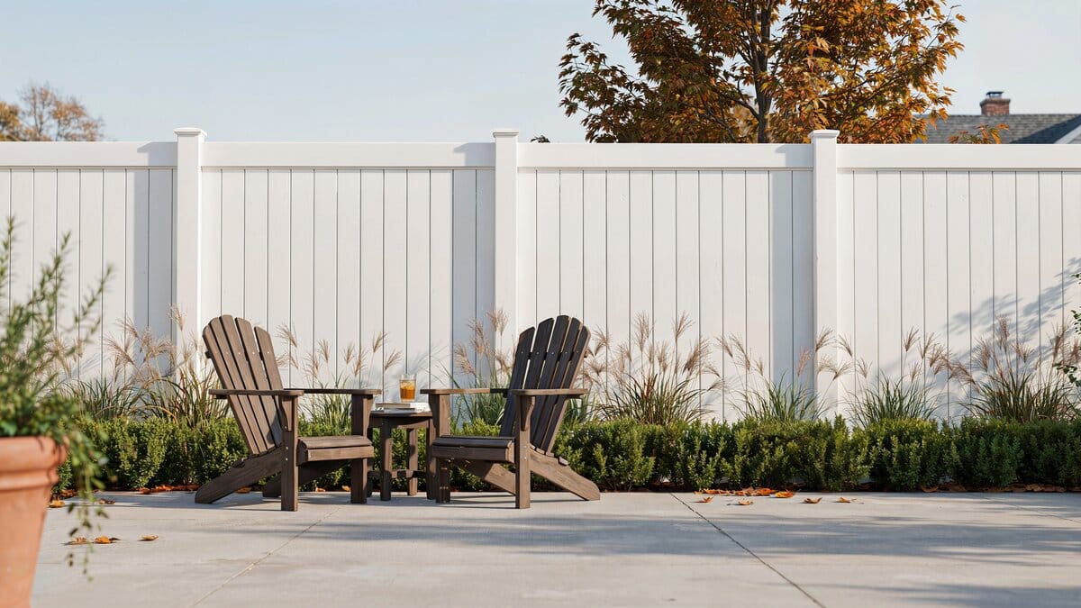 Full-height white painted wood privacy fence enclosing a patio