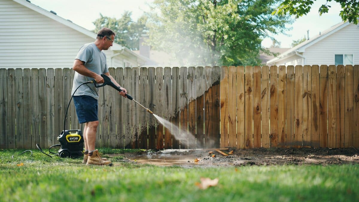Person pressure washing a weathered cedar wood fence
