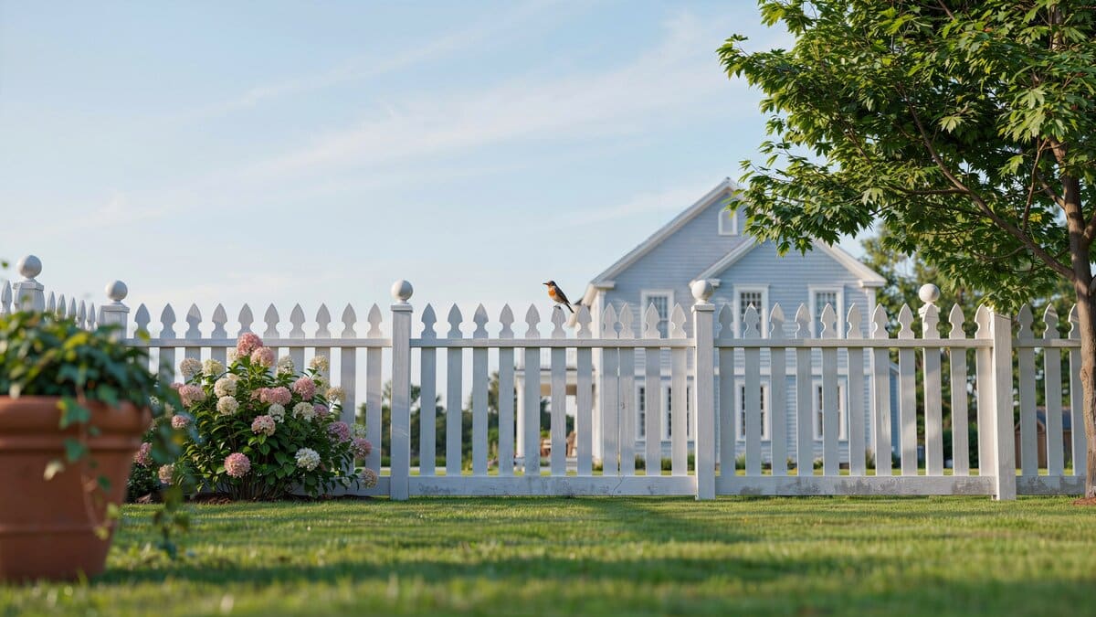 Decorative white painted wood fence with shaped tops in a yard