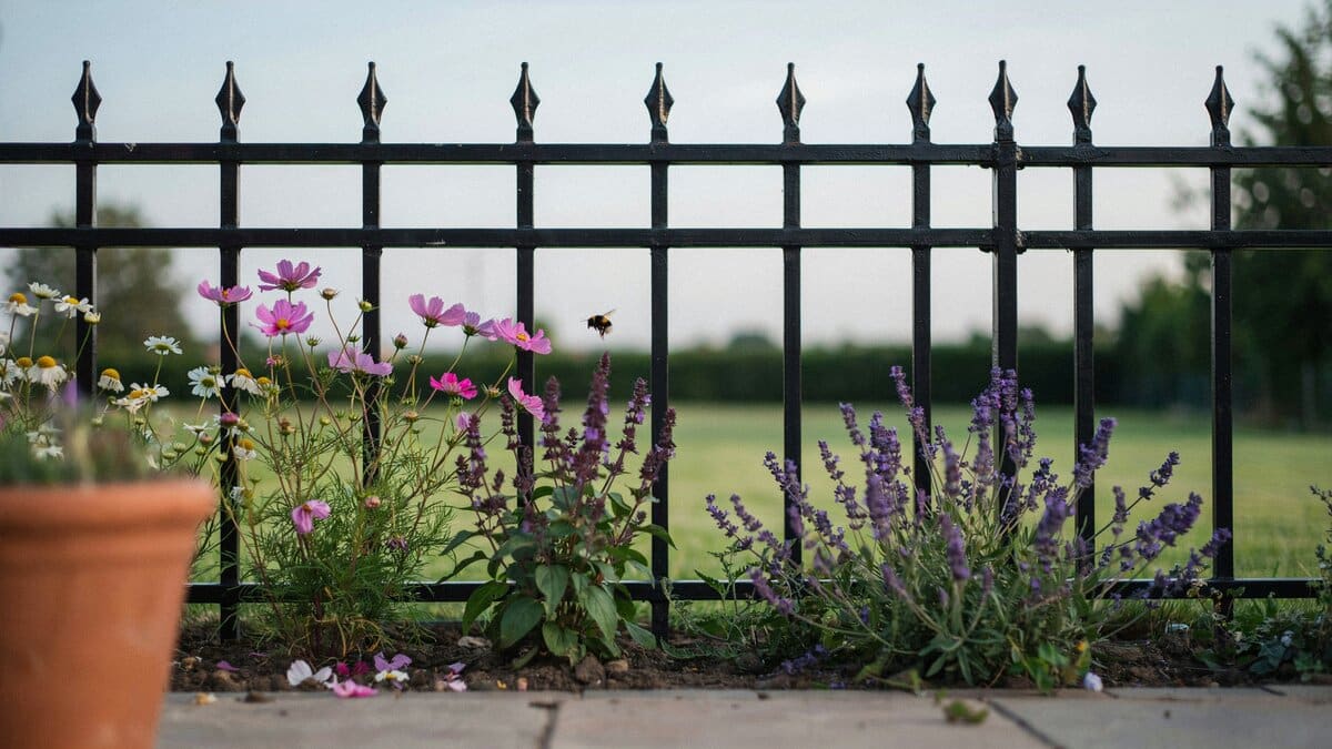 Black powder coated metal garden fence beside a flower bed