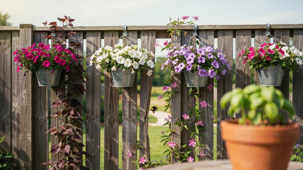 Wood garden fence with hanging flowering plants attached to it
