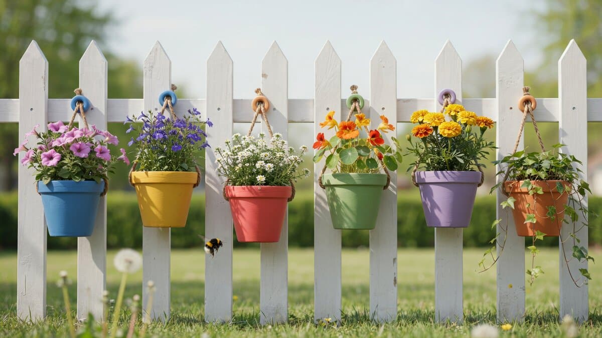 Colorful flower pots hanging from a white garden fence