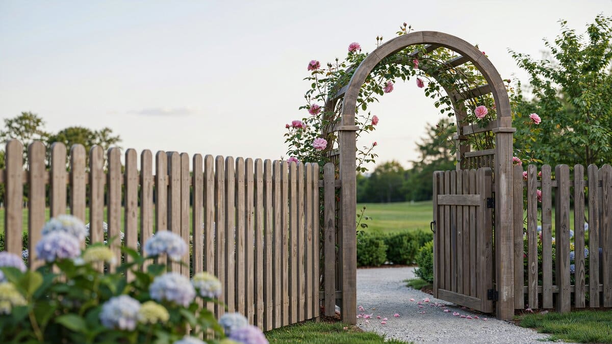 Wood garden fence with an arched wood arbor over the gate
