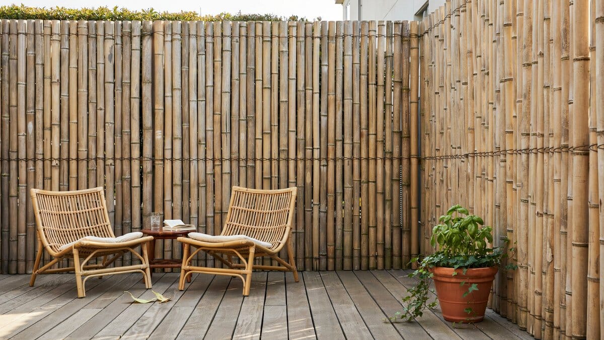 Bamboo fence barrier screening a backyard patio