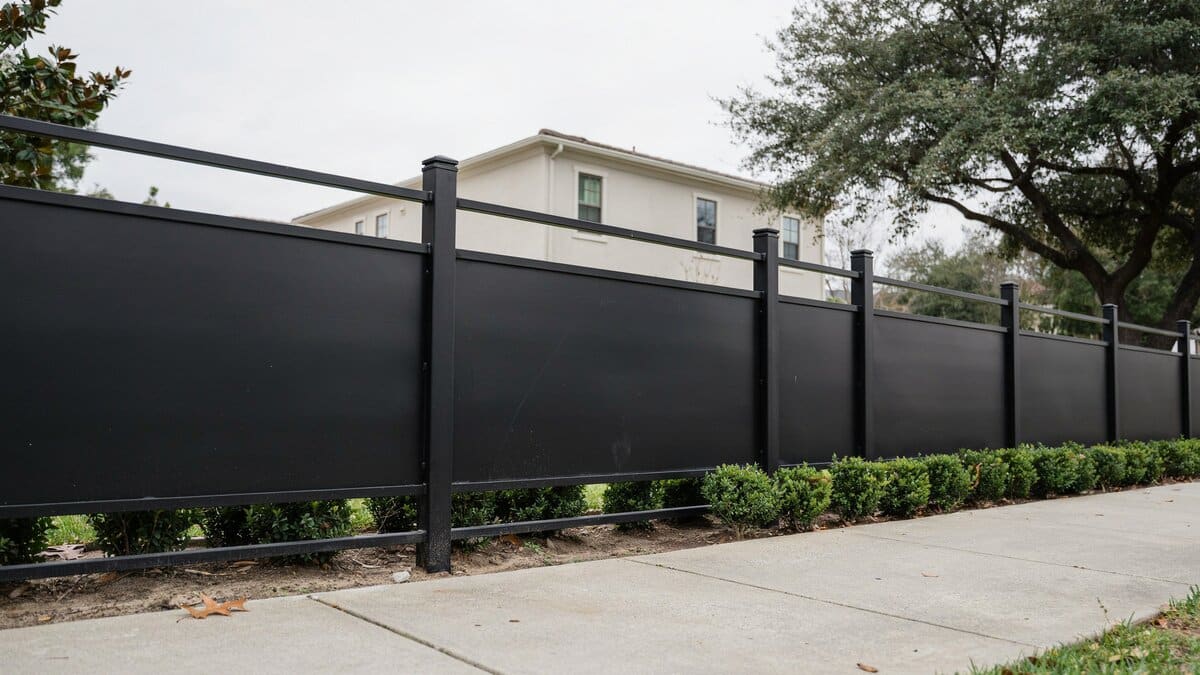 Solid iron fence with flat metal panels around a property