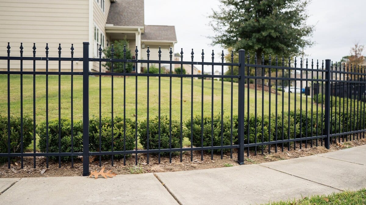 Black metal fence with decorative spear tips in a front yard