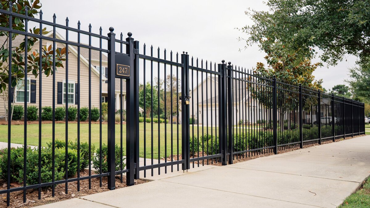 Black metal security fence with a matching entry gate