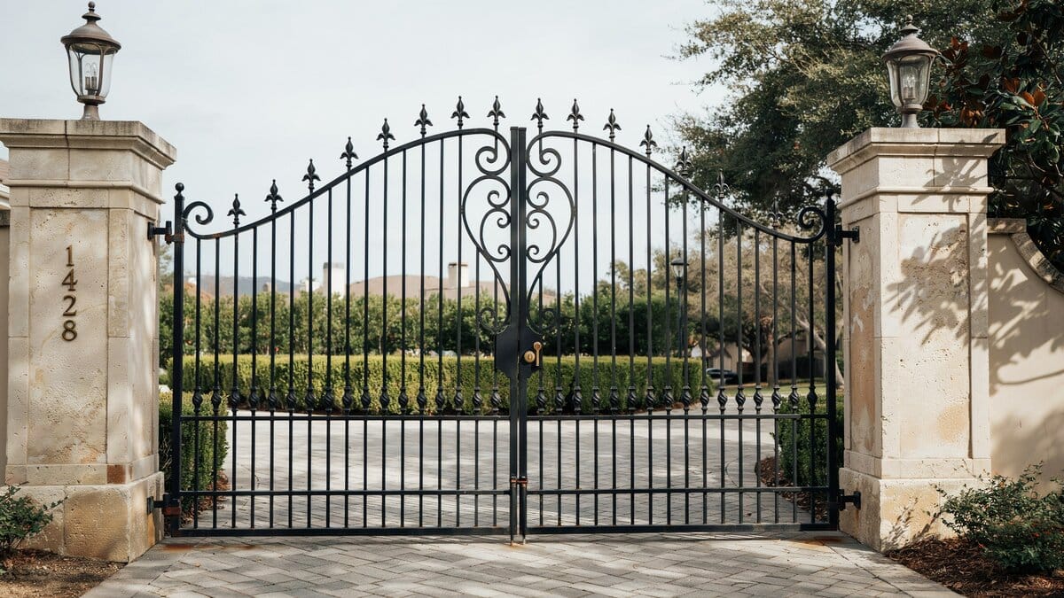 Ornate double wrought iron gate at a home entrance