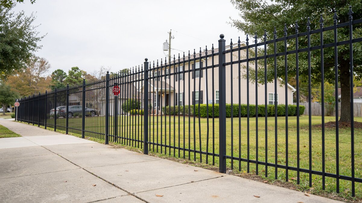 Black aluminum security fence lining a neighborhood sidewalk