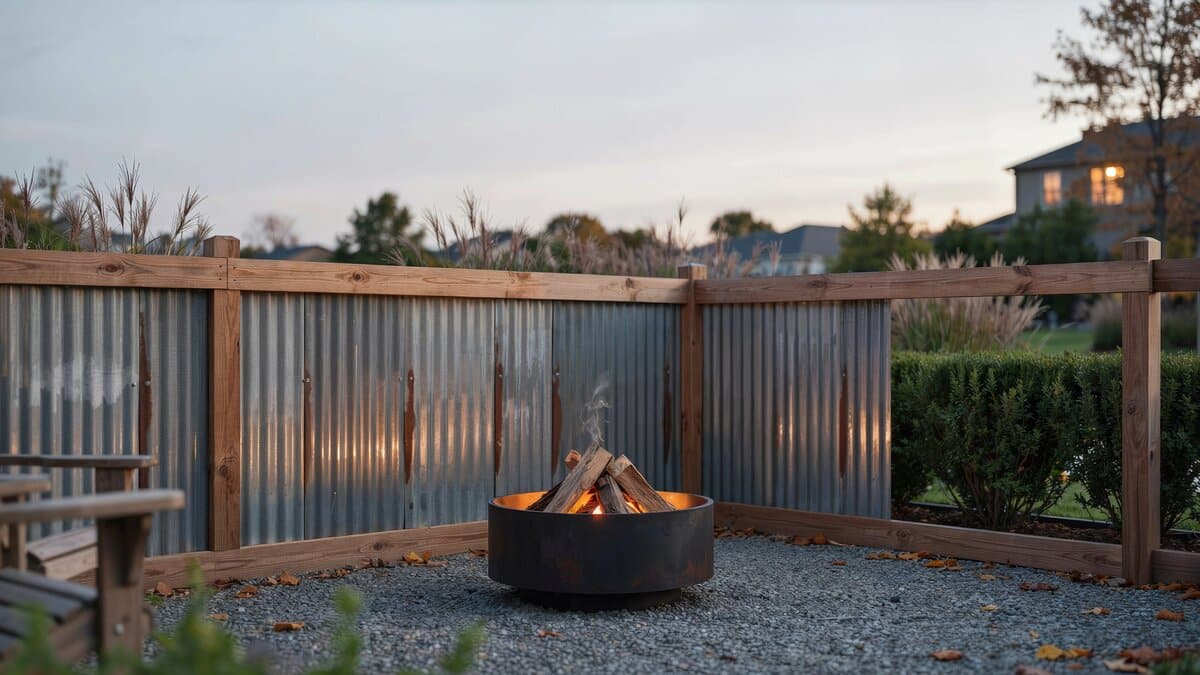 Corrugated metal fence with wood frame around a backyard fire pit